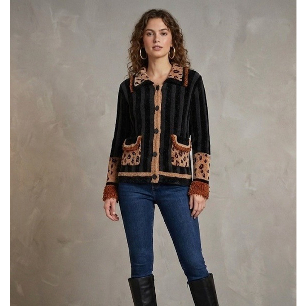 Vintage Berek 2 Animal Print Chenille Knit Cardigan Button Patch Pockets Small